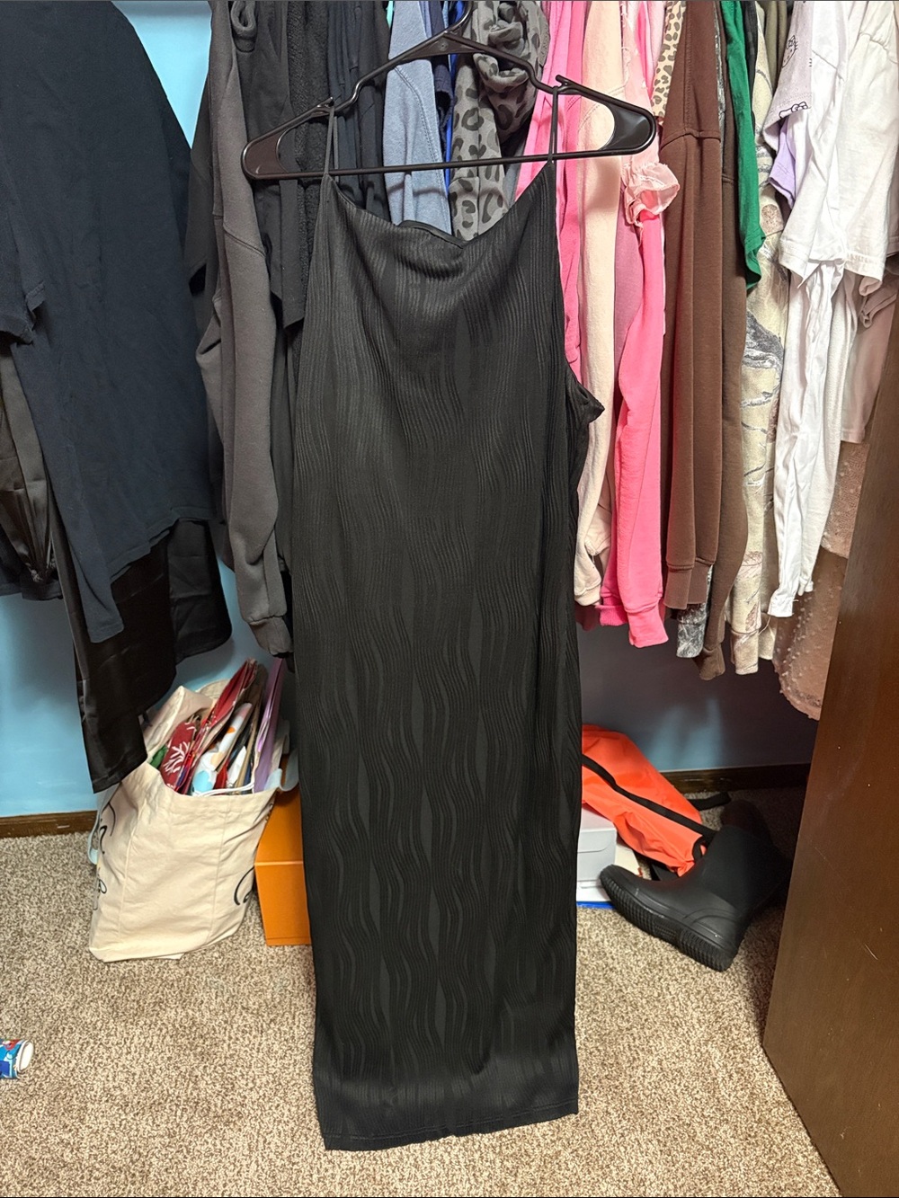 Sleek Black Textured Slip Dress